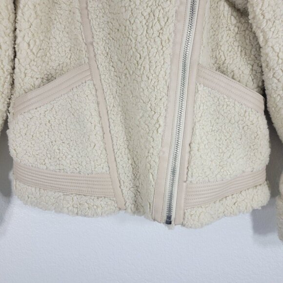 Abercrombie and Fitch Fleece Moto Jacket Women Small Faux Leather Trim Beige - Picture 3 of 13
